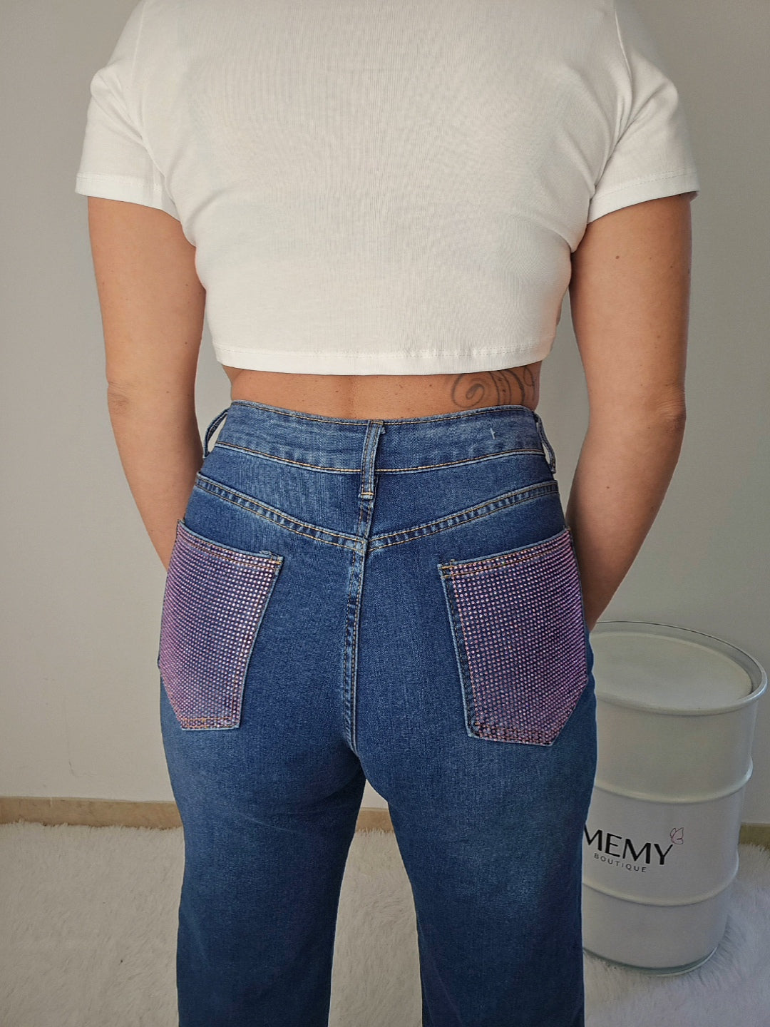 Jeans tasca brillantini