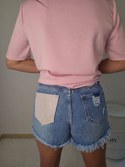 Pantaloncino jeans tasca brillantini